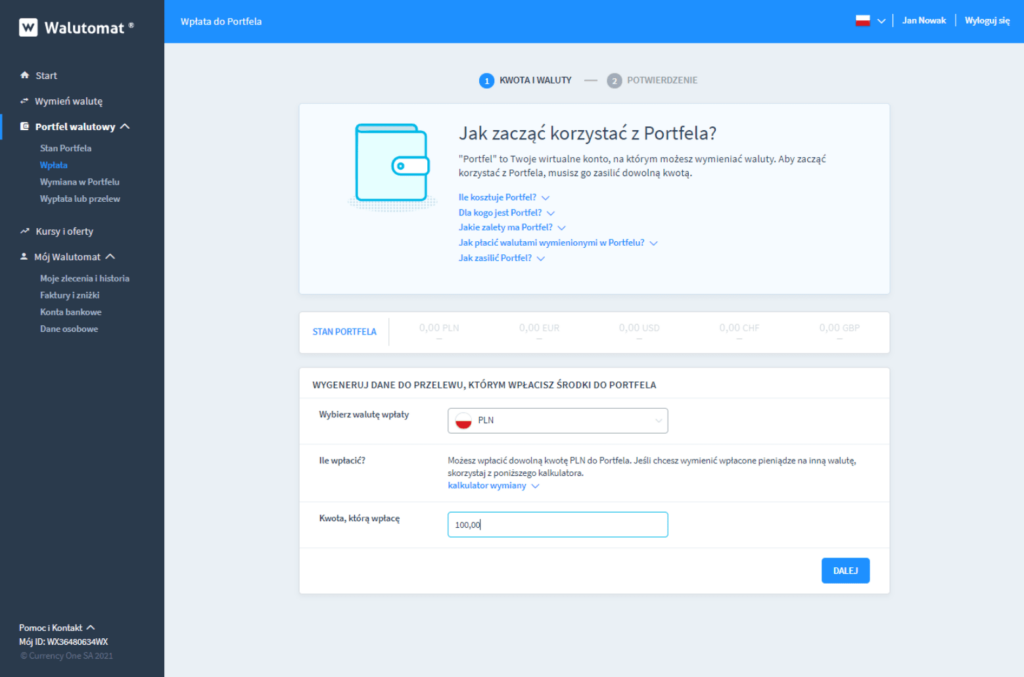 Na obrazku poniżej zaprezentowane są ustawienia dla przykładowej transakcji wpłaty PLN do Portfela w Walutomacie.