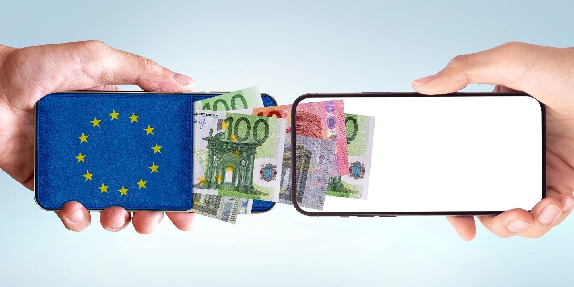 Dwa telefony. Na ekranach banknoty euro i flaga Unii Europejskiej.