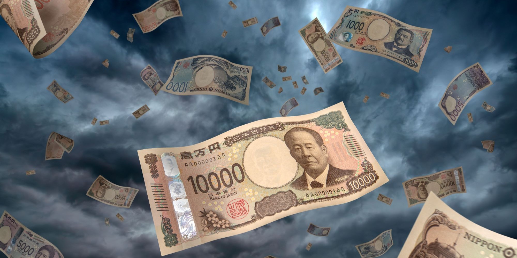 Jen japoński, banknoty wirujące na tle pochmurnego nieba.