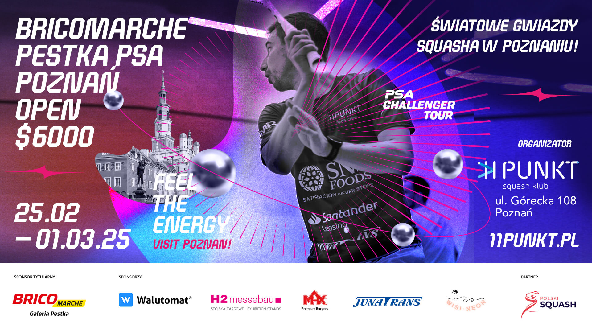 Plakat turnieju squasha, zawodnik z rakietą, logotypy sponsorów