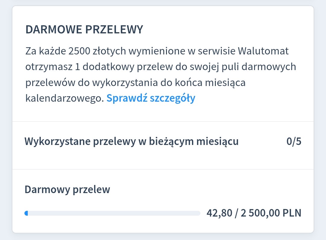 Licznik darmowych przelewów, zrzut ekranu