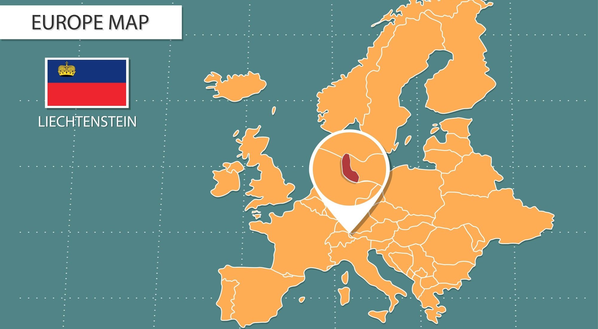 Mapa Europy, zbliżenie na Liechtenstein, w rogu mapy flaga